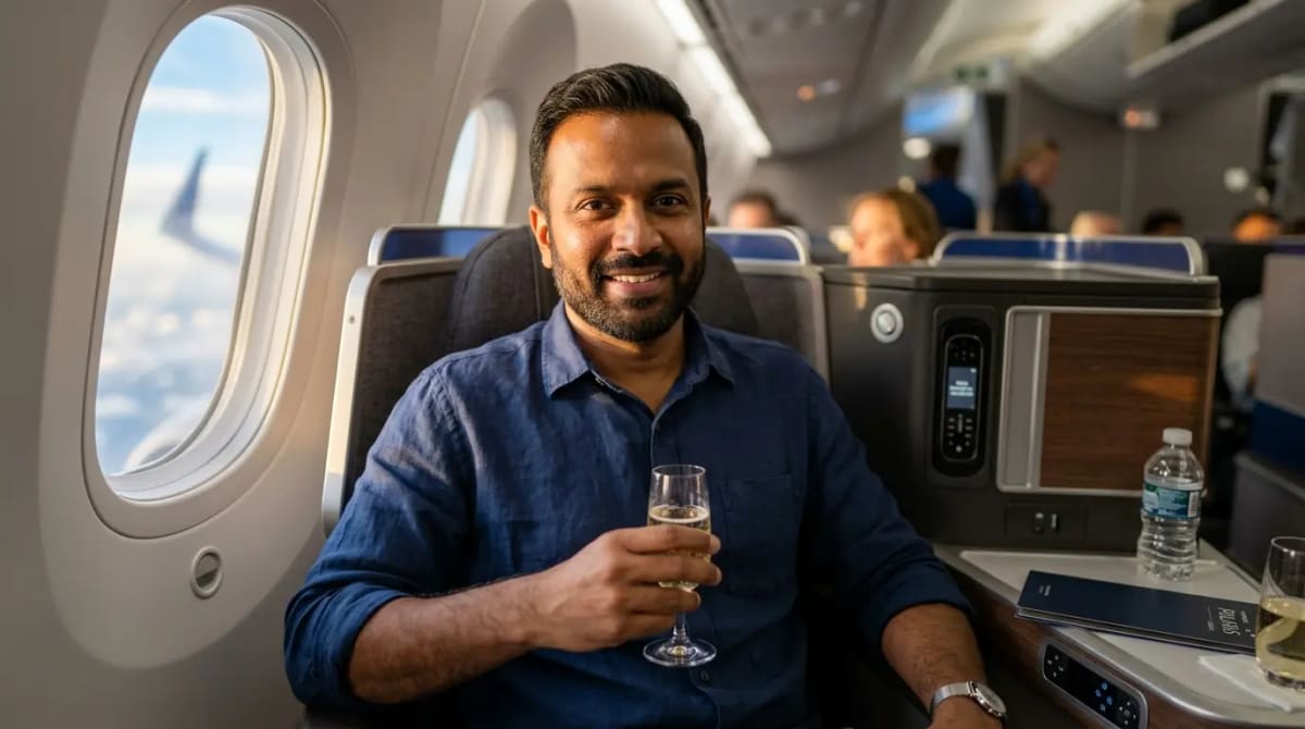 Traveler relaxing in business class cabin earning points on international flight with Chase Sapphire Reserve
