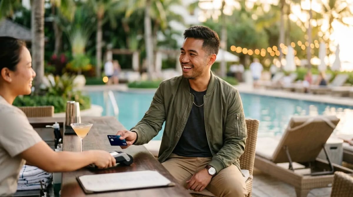 Traveler poolside at luxury resort maximizing Chase Sapphire Reserve international travel benefits