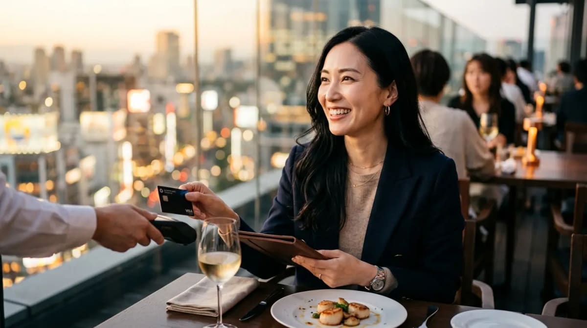 Traveler enjoying seamless dining at upscale rooftop restaurant abroad with Chase Sapphire Reserve