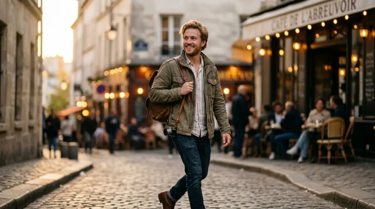 Traveler walking golden hour city street near landmark showing Amex Gold Card 2026 4x earning and foodie value