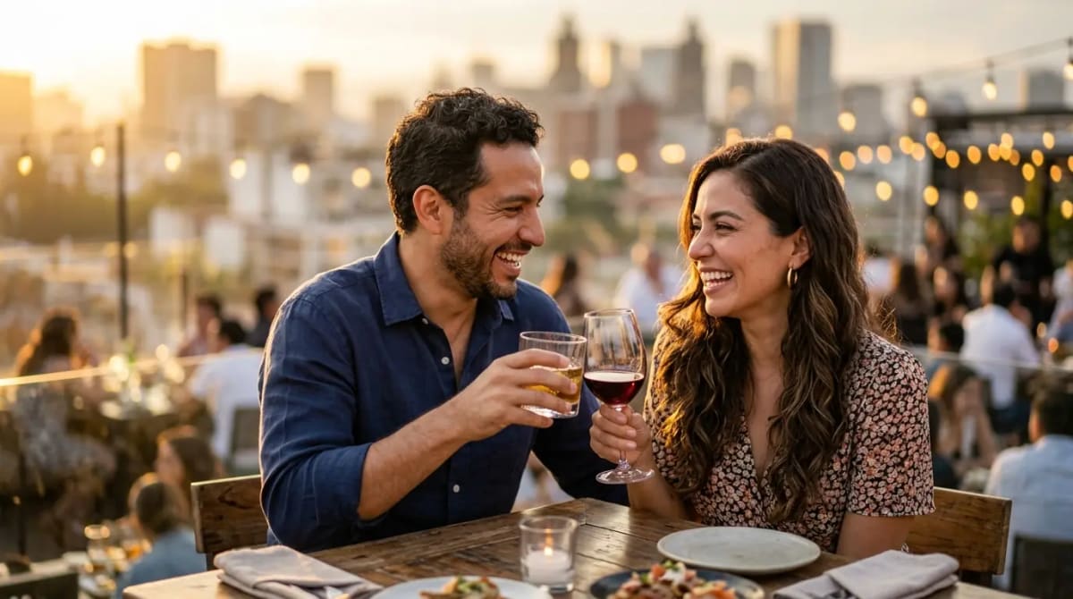 Couple toasting at upscale rooftop restaurant illustrating Amex Gold Card 2026 statement credits and fee offset