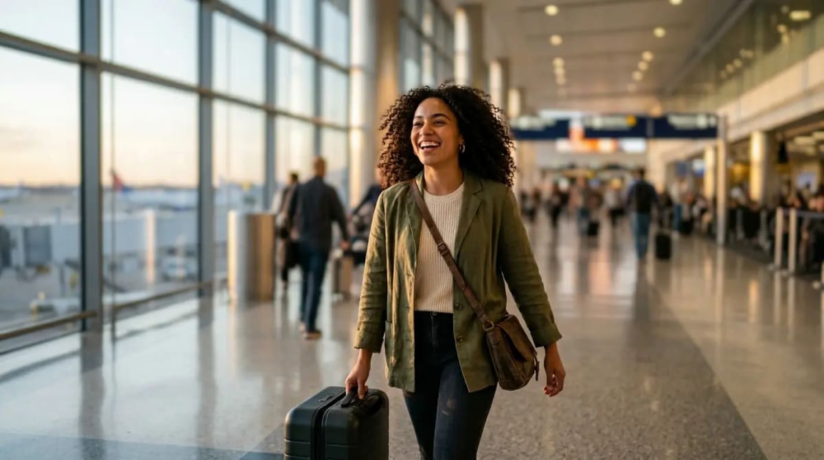 Traveler walking through airport terminal at golden hour representing Amex Gold Card 2026 target audience and welcome bonus