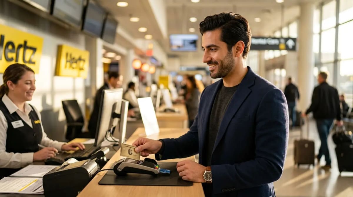 Traveler beside premium sedan at luxury hotel entrance enjoying Amex Gold Card 2026 Hertz Five Star status