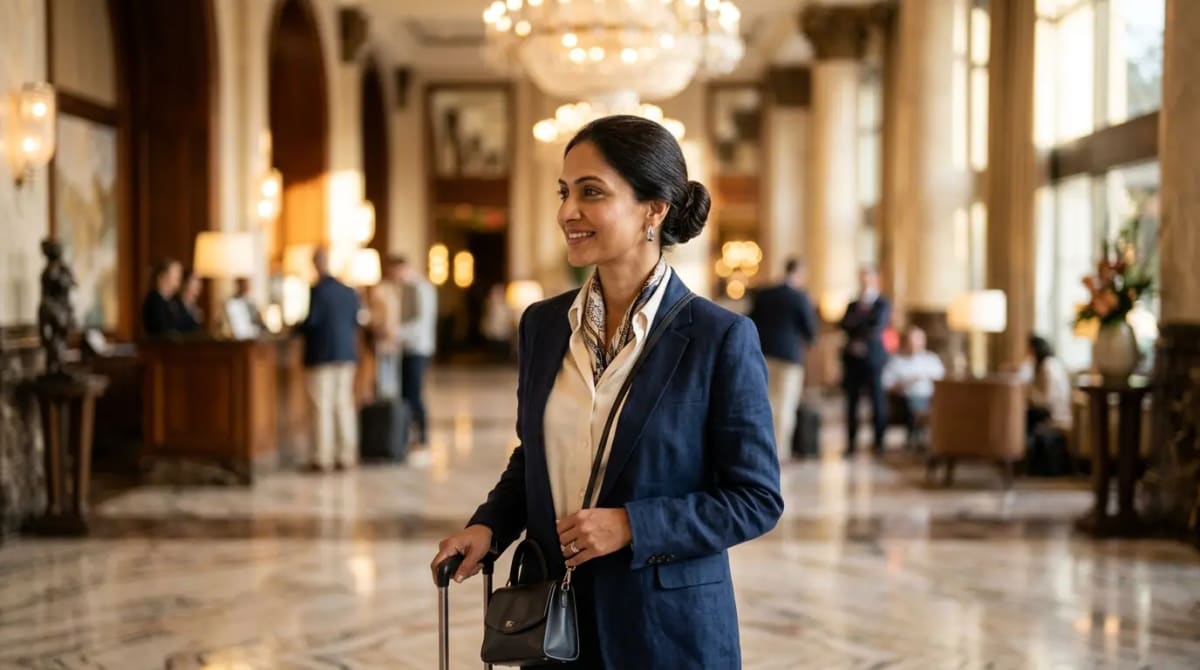 Traveler in five-star hotel lobby anticipating Amex Gold Card 2026 Hotel Collection and statement credit value