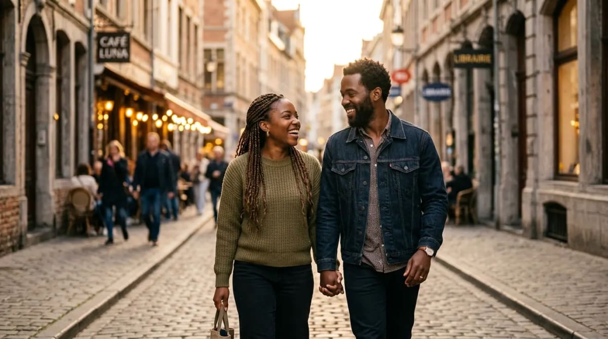 Couple strolling golden hour city street having maximized Amex Gold Card 2026 credits Hertz status and earning