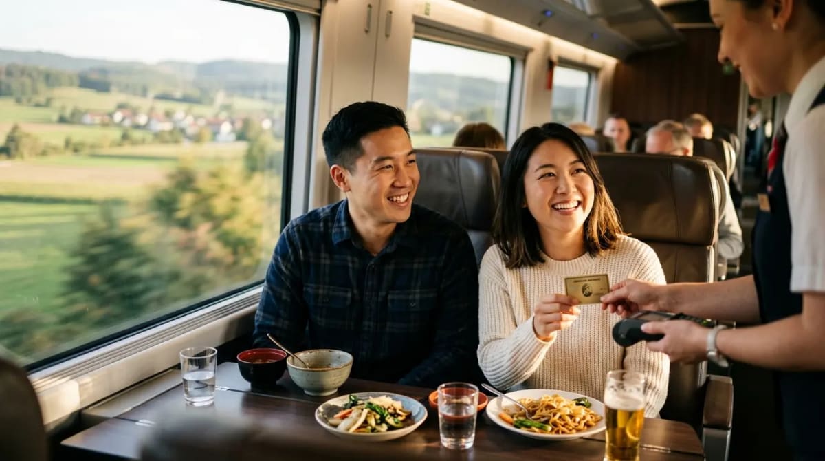 Couple in high-speed train business class discussing Amex Gold Card 2026 5x hotels and no-fee-increase updates