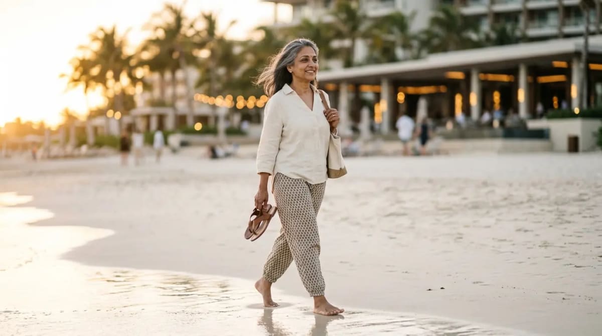 Traveler on pristine beach at golden hour dreaming of Amex Gold Card 2026 Membership Rewards redemptions