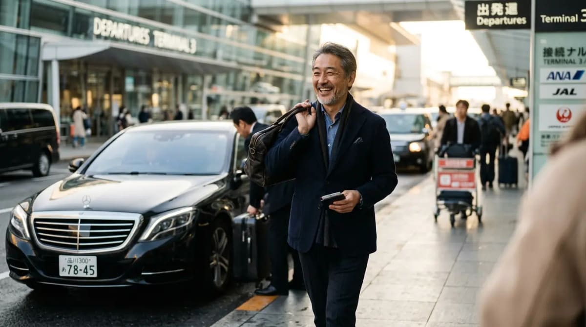 Traveler arriving at airport curbside via luxury transfer excited for Amex Gold Card 2026 100000 point bonus
