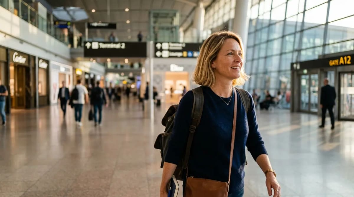 Traveler navigating high-end airport terminal while maximizing card benefits