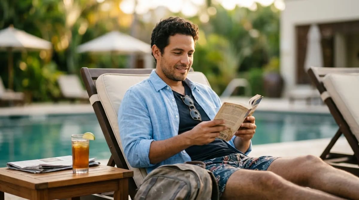 Traveler relaxing poolside at luxury resort after following maximization steps