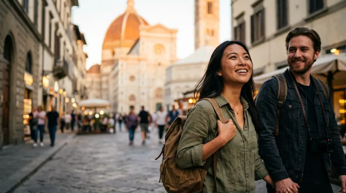 Traveler walking golden hour city street while evaluating premium travel options