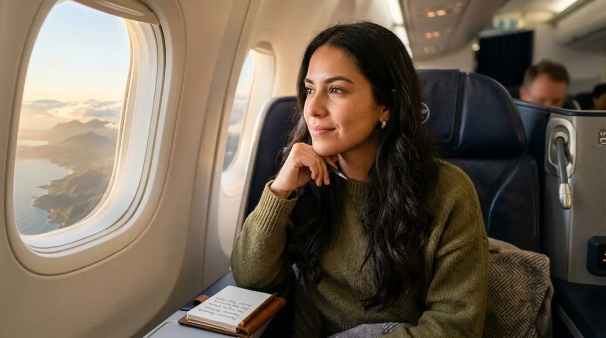 Traveler in business class airplane cabin considering Chase Travel earning rates