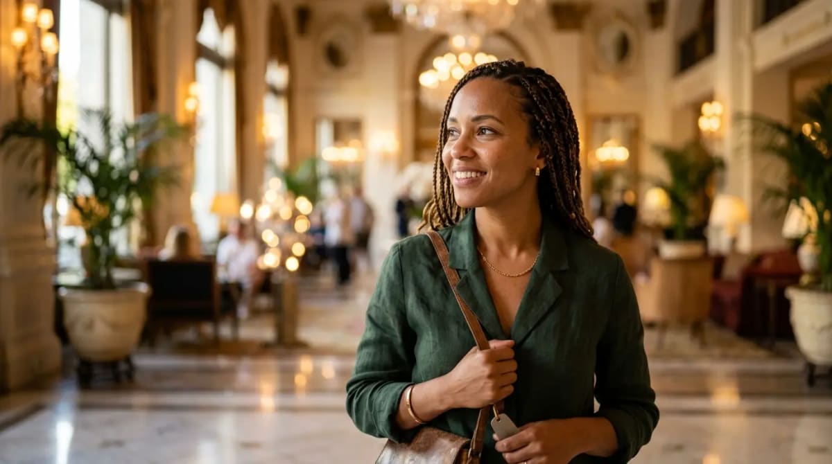 Traveler in five-star hotel lobby appreciating elite hotel status benefits
