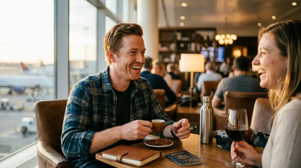 Travelers enjoying lounge access with guests in premium airport lounge