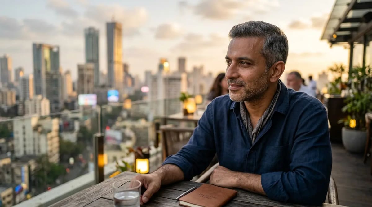 Traveler considering premium point redemptions at upscale rooftop restaurant