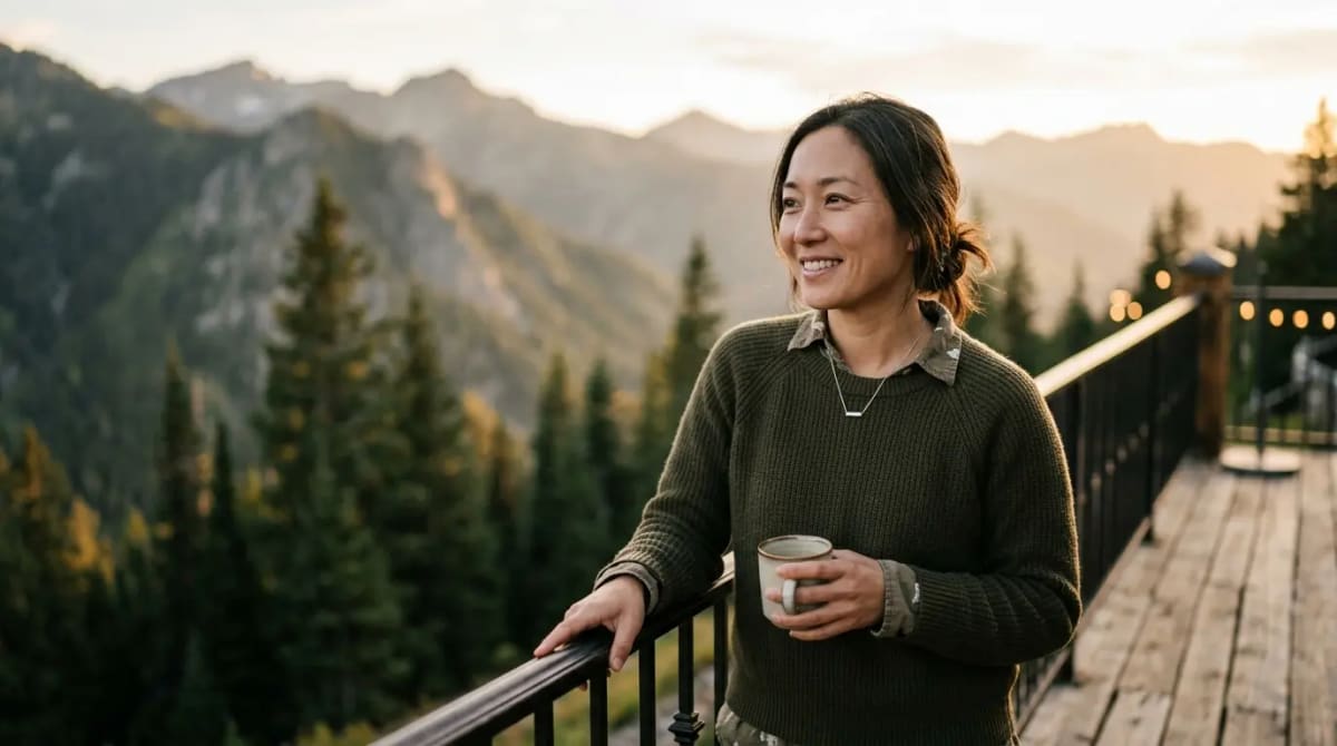 Traveler on scenic mountain terrace during protected travel experience