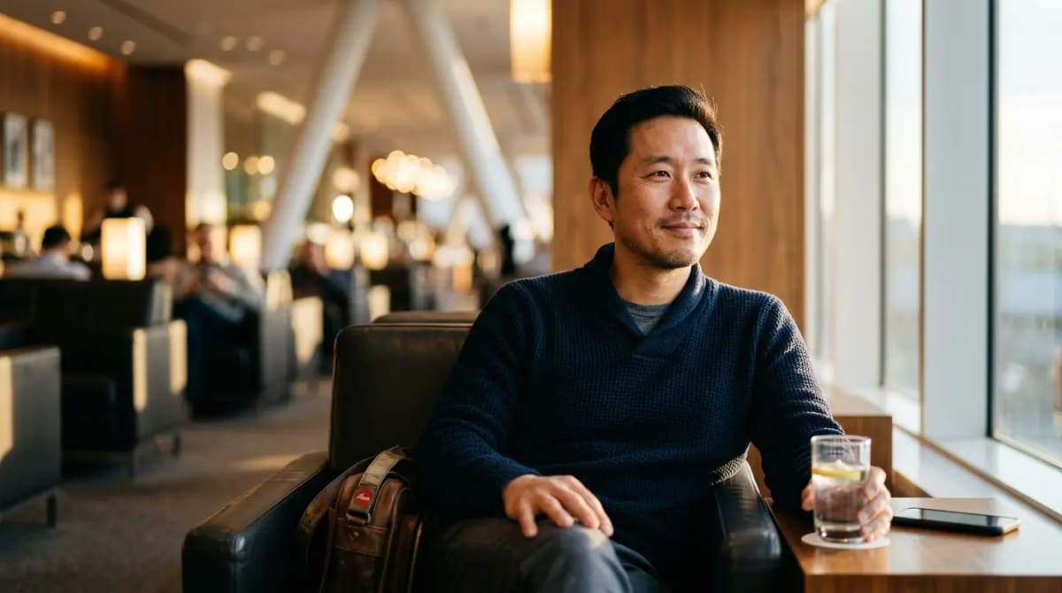 Traveler relaxing in premium airport lounge after new card welcome offer