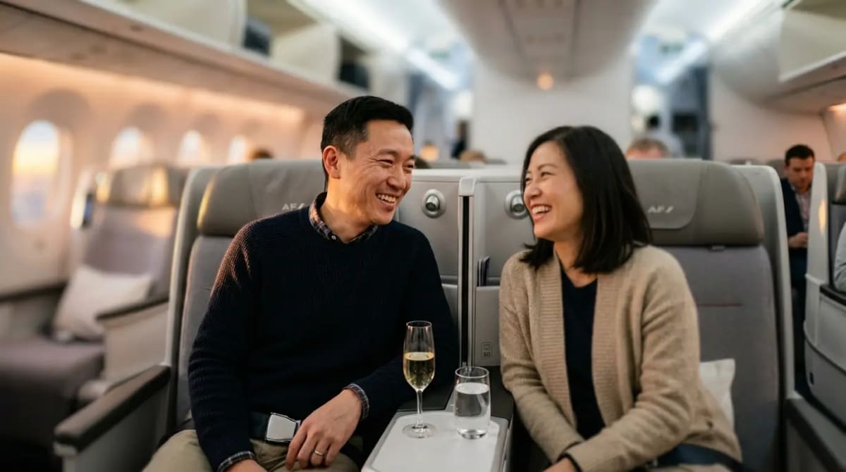 Traveler in business class cabin on Air France KLM with Flying Blue 18750 mile Economy awards