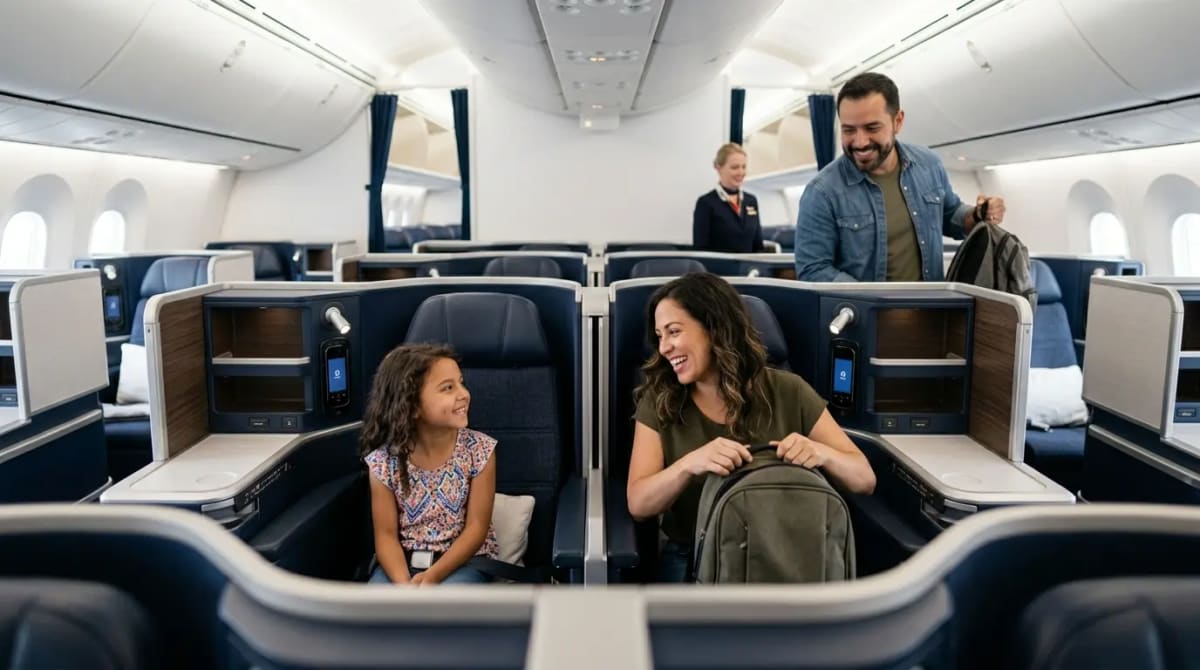 Business class airplane cabin points from everyday spend family travel 2026