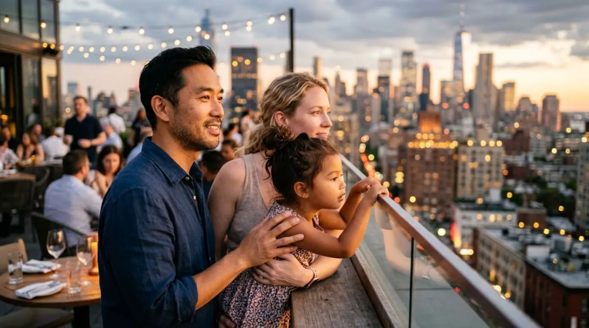 Upscale rooftop restaurant city views credit card rewards family travel 2026