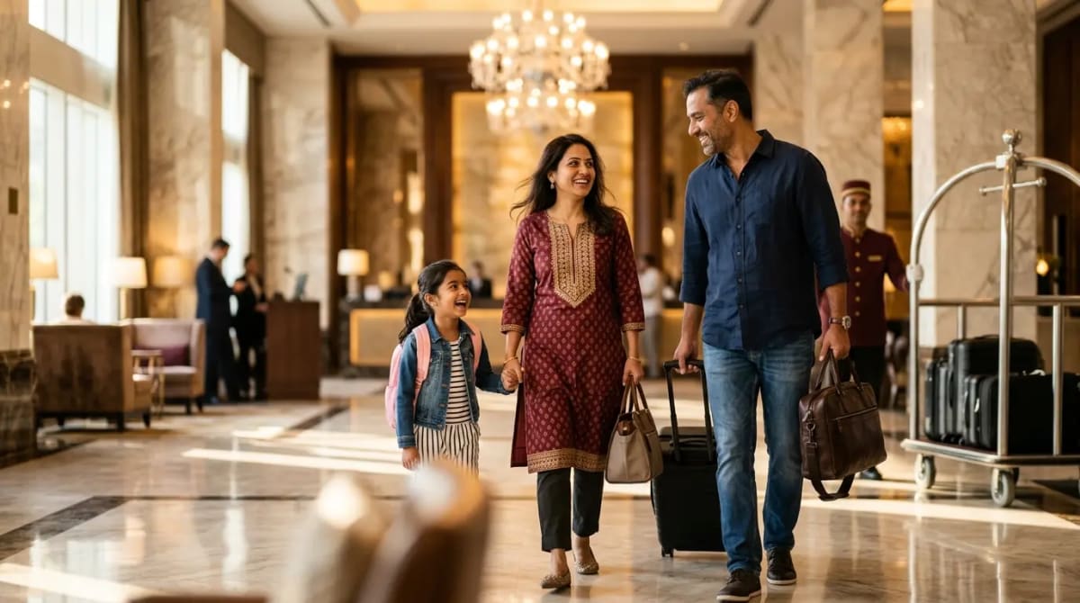 Five-star hotel lobby arrival welcome bonuses authorized users family travel 2026