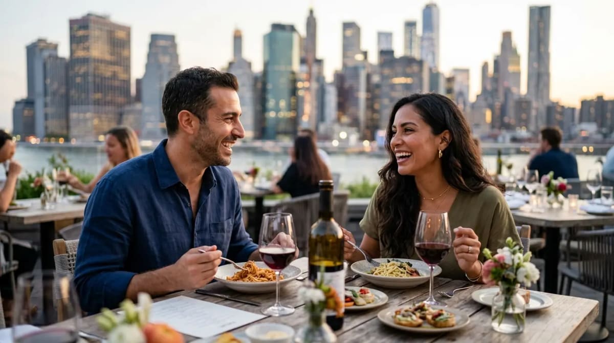 Couple sharing meal at upscale rooftop restaurant benefiting from two-guest free lounge policy