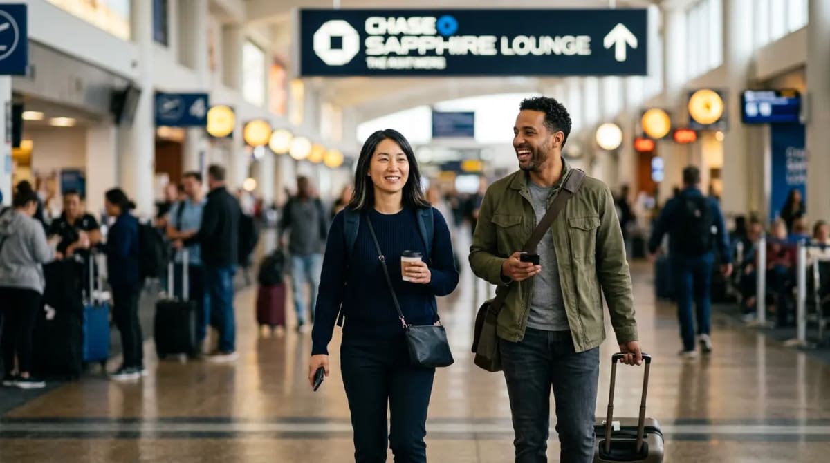 Travelers walking through airport terminal toward currently open Chase Sapphire Lounge locations