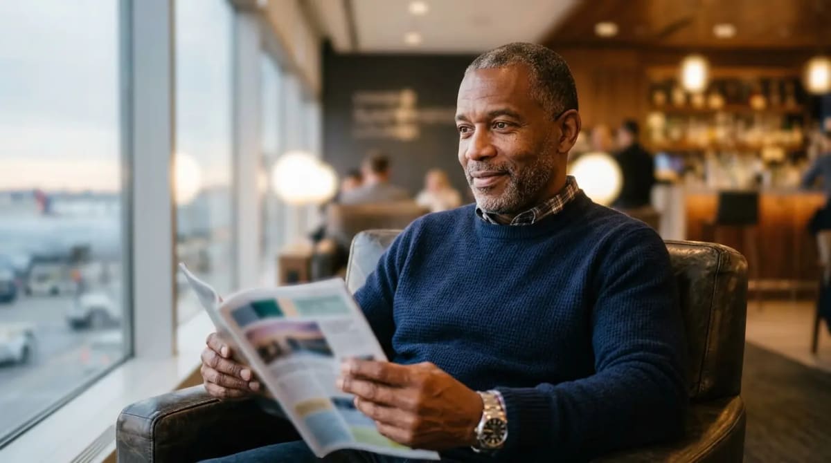 Traveler relaxing in premium airport lounge immersed in full Chase Sapphire and Priority Pass network