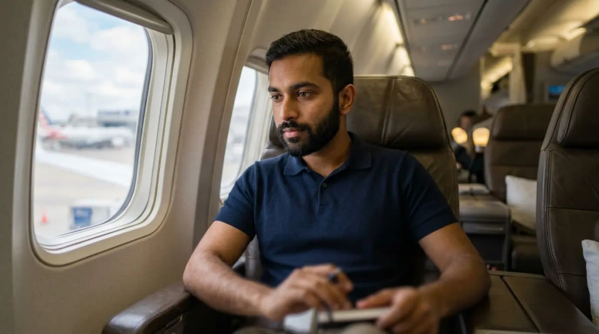 Traveler in business class cabin reflecting on new Sapphire Lounge openings and network updates
