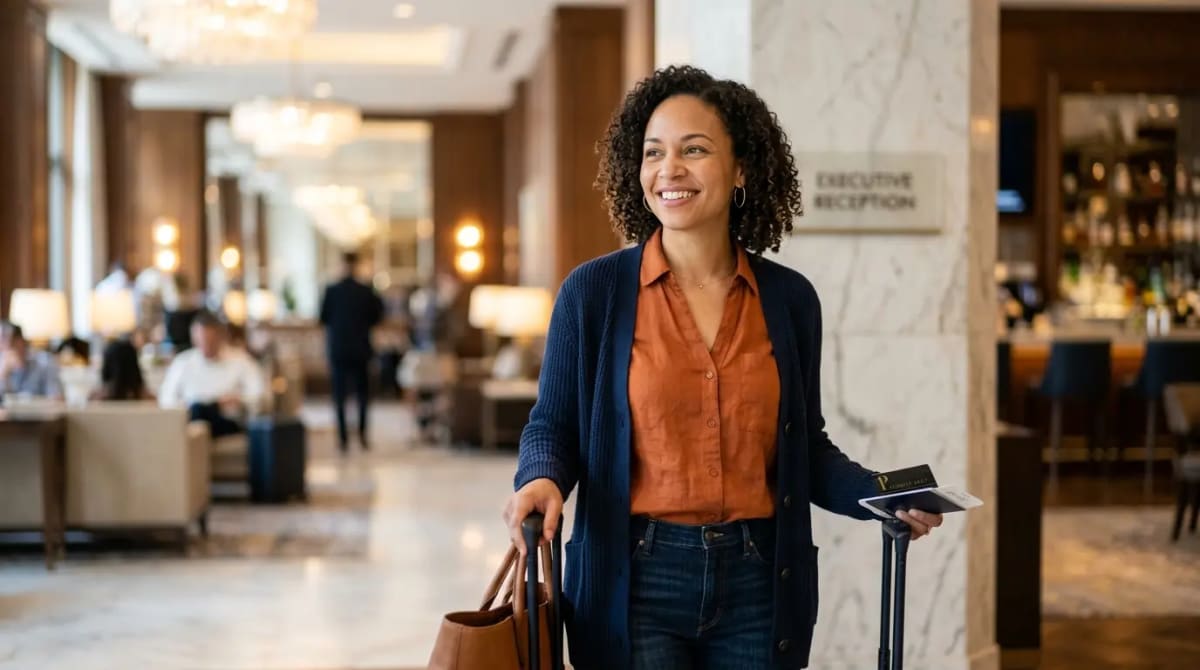 Traveler in five-star hotel lobby after seamless Priority Pass Select membership entry