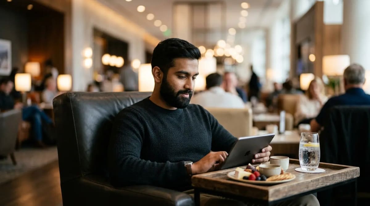 Traveler seated in premium airport lounge with gourmet amenities and Priority Pass access