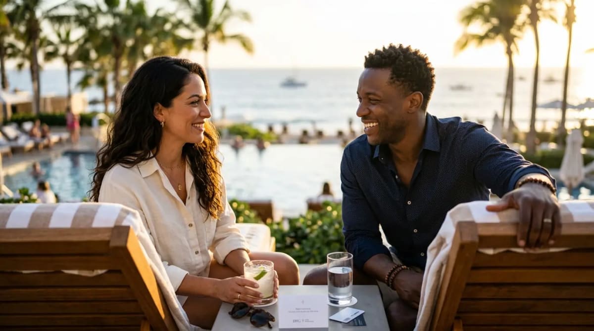 Travelers relaxing at high-end resort pool enjoying IHG Platinum Elite status benefits