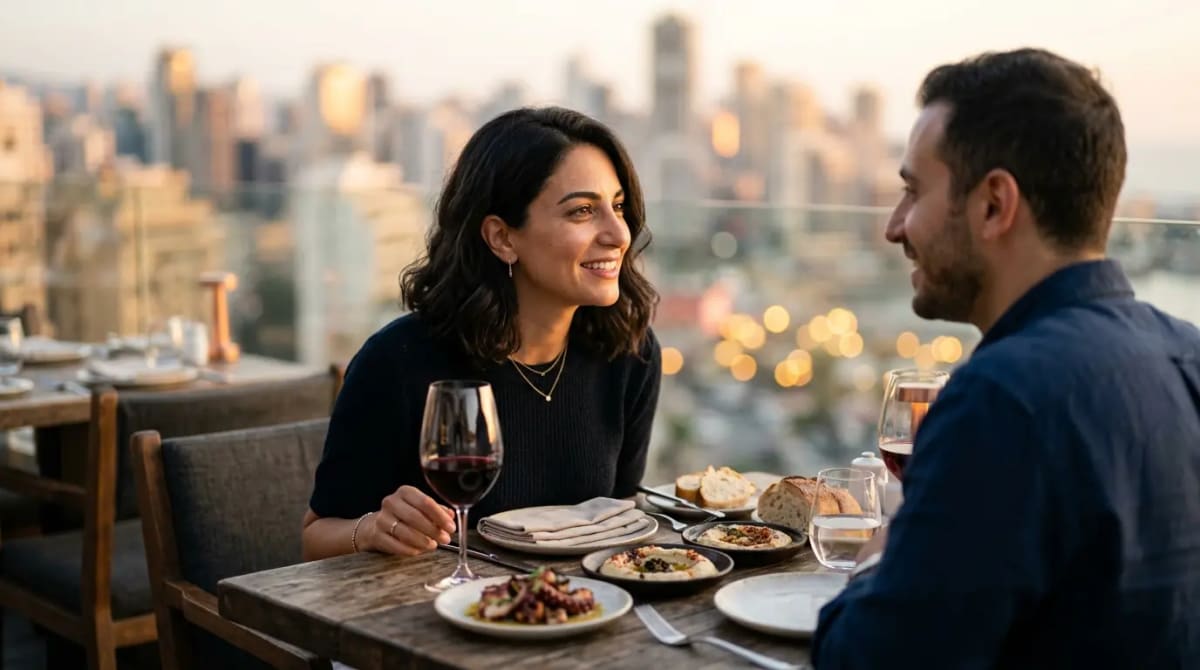 Couple sharing exclusive dining experience at upscale rooftop restaurant with city views