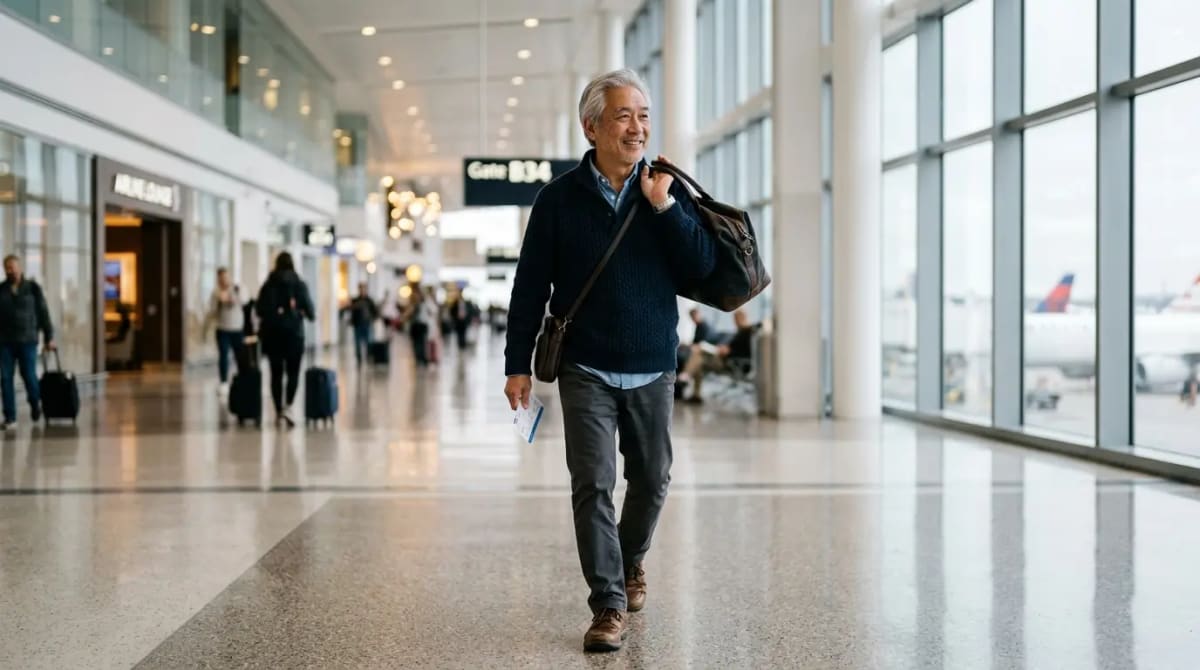 Traveler walking through modern airport terminal building points through luxury travel spending