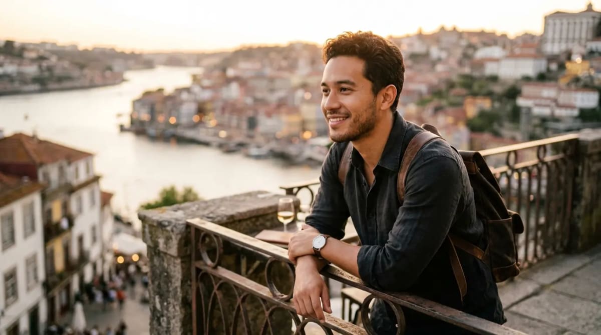 Traveler on luxury hotel balcony at golden hour reflecting on maximized hotel credit stacking value