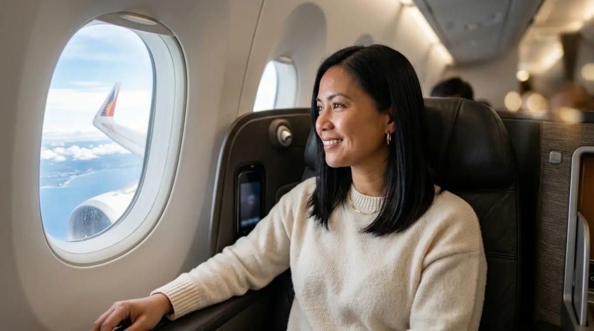 Traveler in business class cabin experiencing enhanced Points Boost premium flight redemption