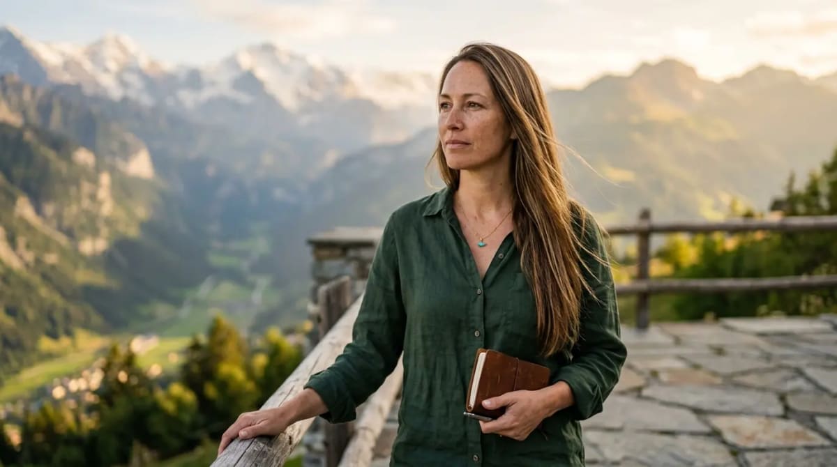 Traveler on scenic mountain terrace reflecting on personalized luxury itinerary planning