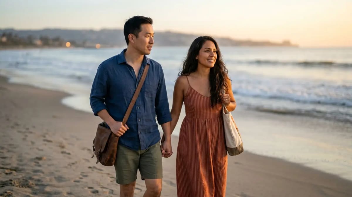 Couple walking on the beach reflecting on the flexible 300 annual travel credit
