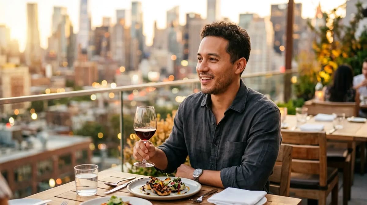 Traveler at upscale rooftop restaurant enjoying Sapphire Reserve Exclusive Tables dining credit