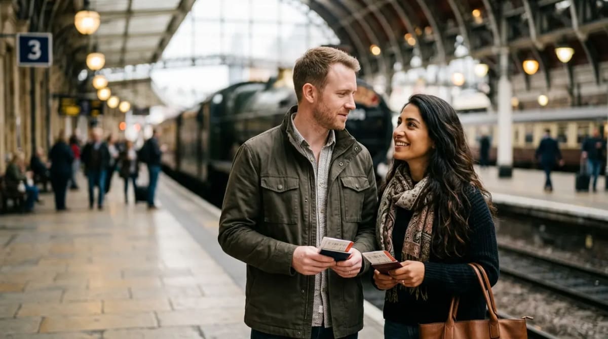 Couple on elegant train station platform anticipating events with the StubHub credit