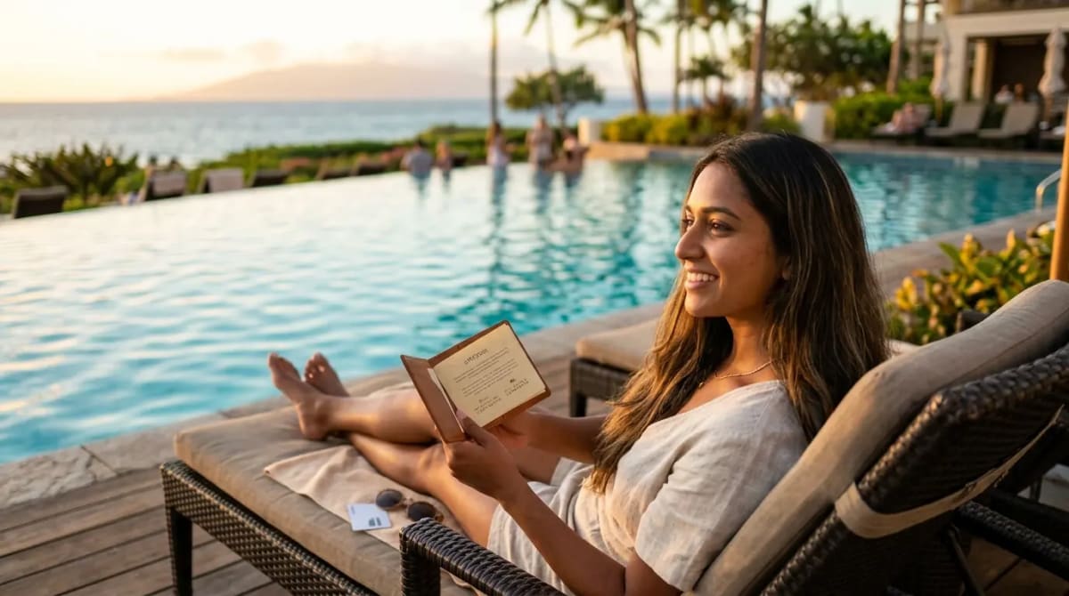 Traveler at high-end resort pool maximizing the 750 hotel credits on a qualifying stay