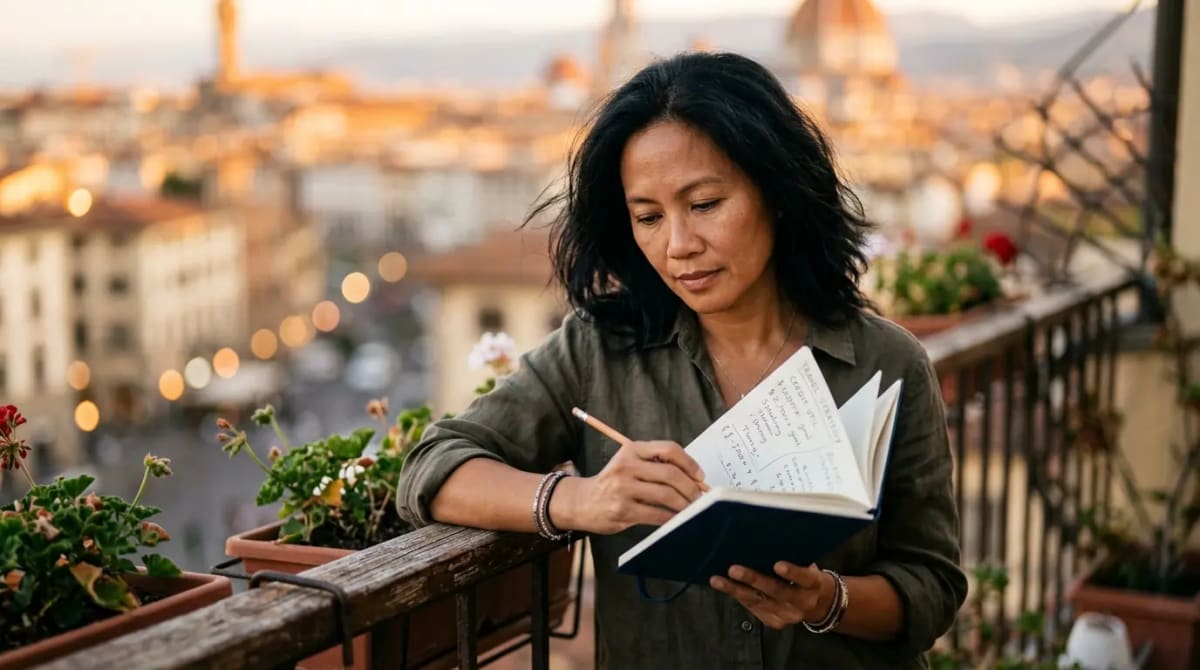 Traveler on balcony at golden hour reviewing advanced stacking and tracking strategies for full utilization