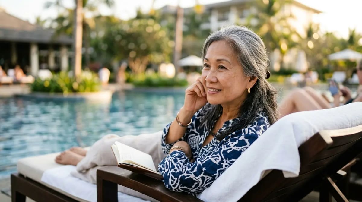 Traveler relaxing poolside reflecting on recurring DoorDash credits and complimentary DashPass