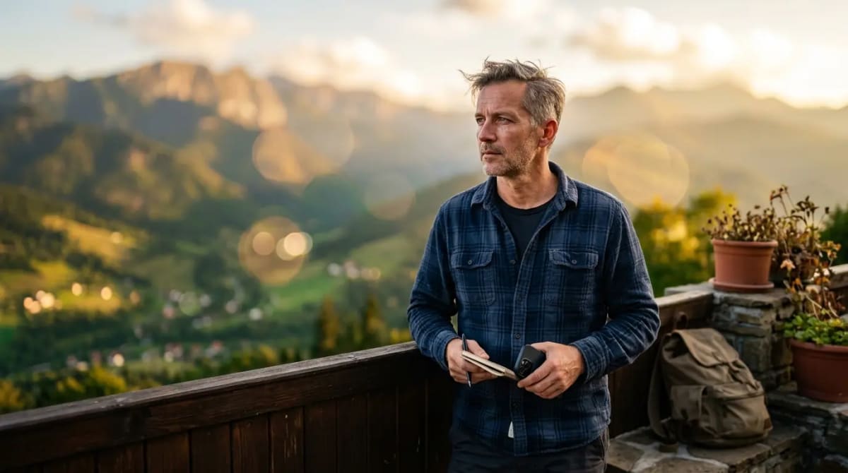 Traveler on scenic mountain terrace considering the steady value of lifestyle credits
