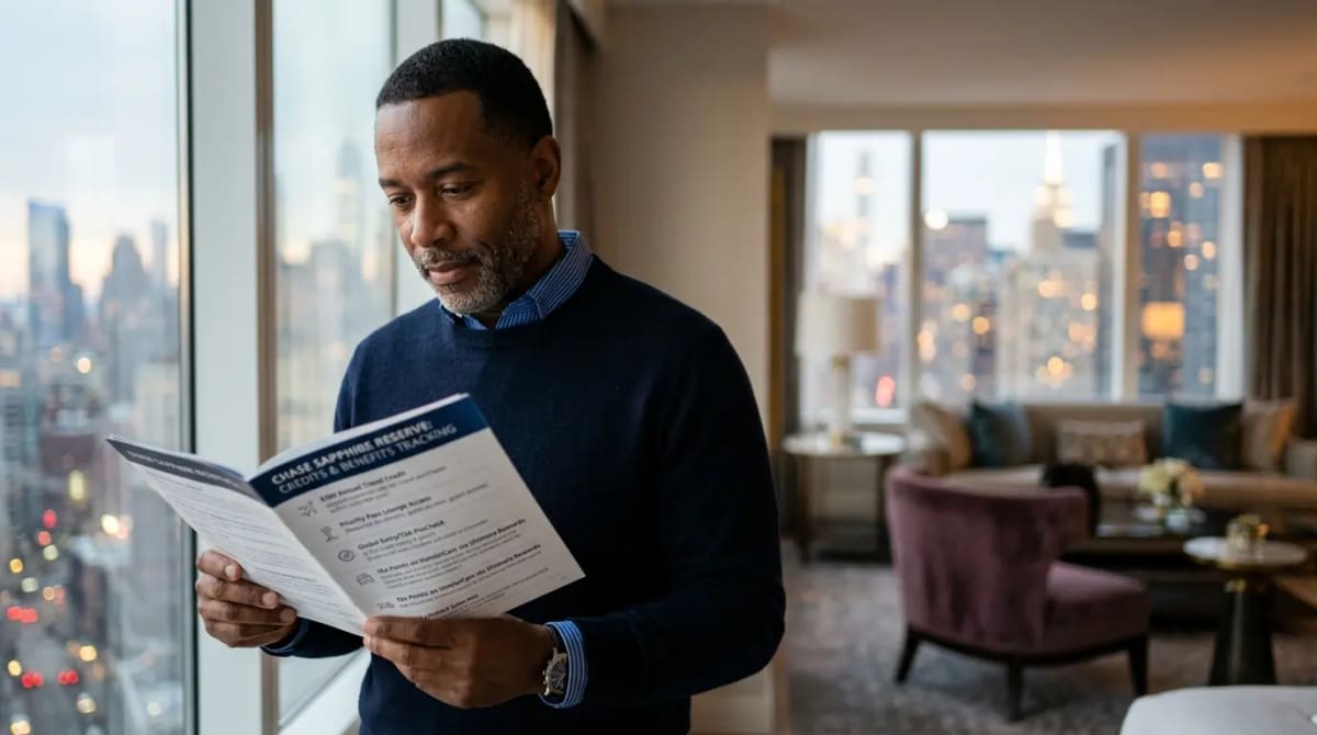 Traveler in luxury hotel suite reviewing the complete overview of Chase Sapphire Reserve credits