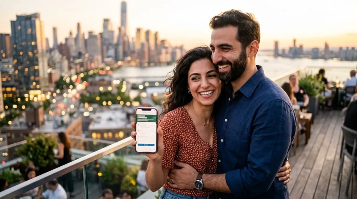 Couple enjoying a scenic rooftop terrace with city views after booking award travel