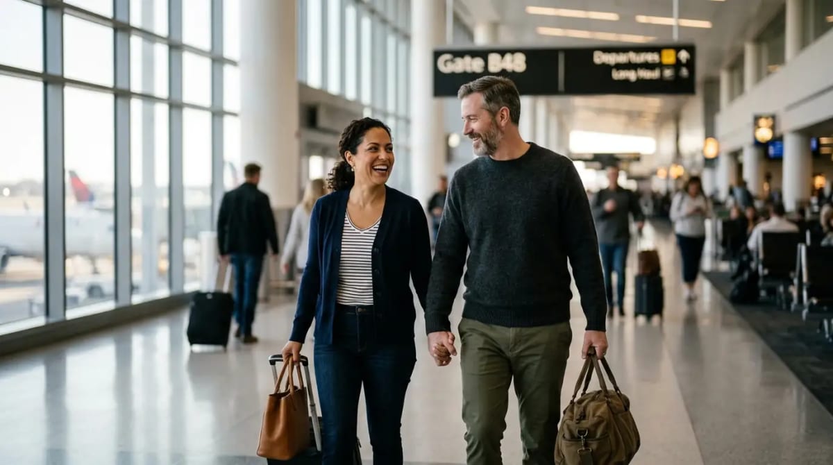 Couple walking through a modern airport terminal toward their long-haul departure