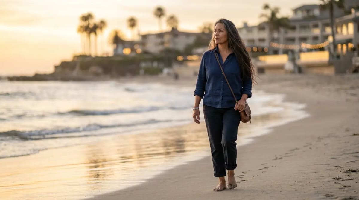 Traveler walking along a quiet beach near a coastal resort after planning award itineraries