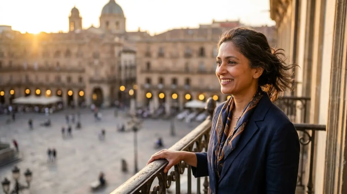Traveler taking in European city views from a five-star hotel balcony at golden hour