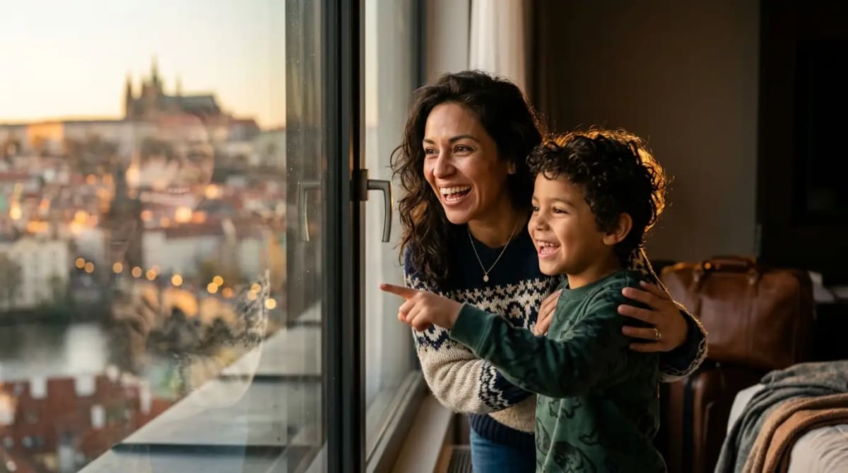 Family preparing for a long-haul award trip from a luxury hotel suite with city views